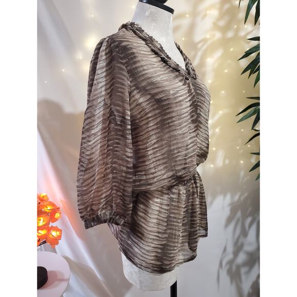 World Market Sheer Neutral Print Tie Waist Peplum Blouse Top Womens Size S/M - Picture 4 of 7